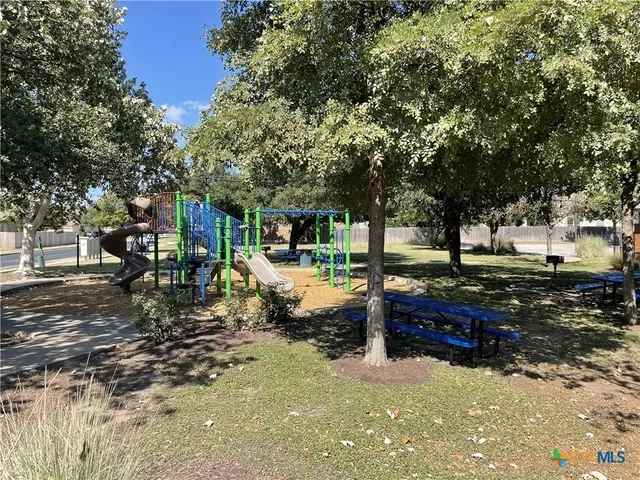 a view of a park with large trees