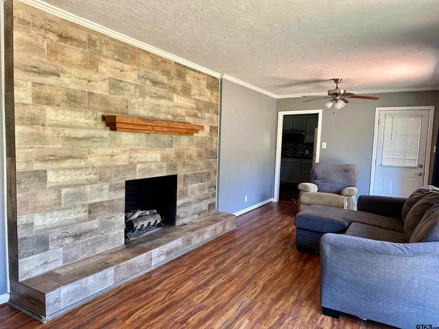 a living room with furniture and a fireplace