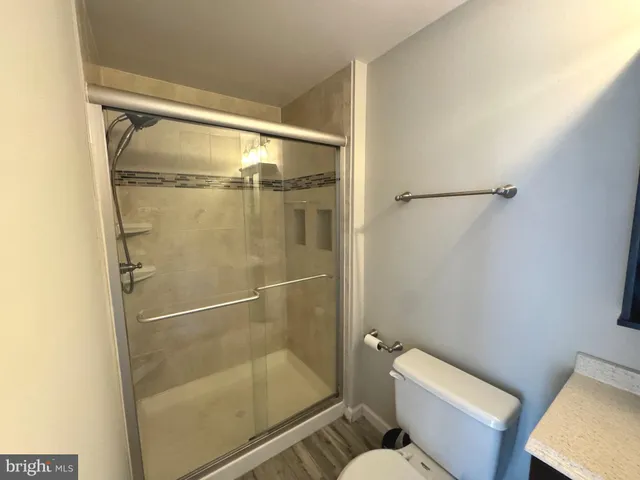 a bathroom with a shower and toilet