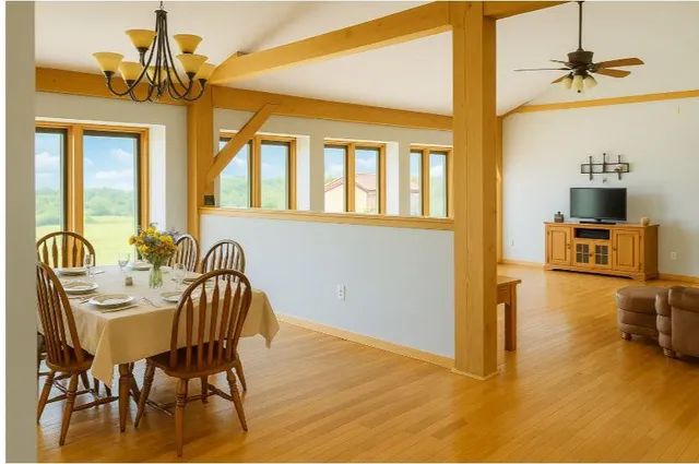 a dining room with window