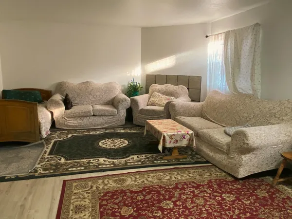 a living room with furniture and a rug