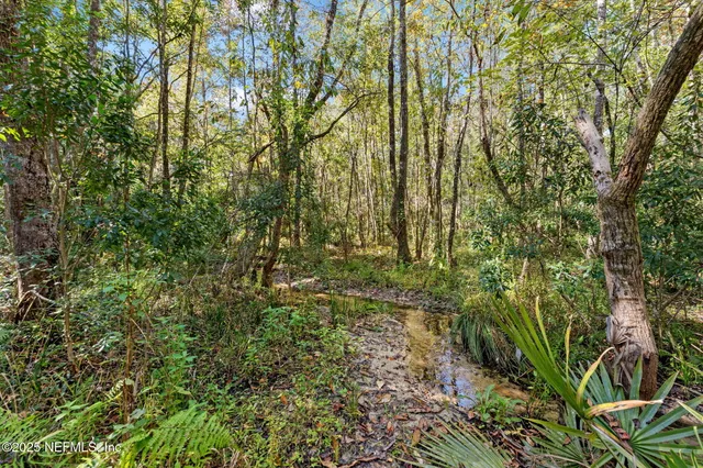 an aerial view of a houses with a yard and lake