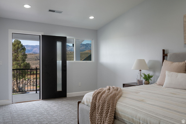 476 Spring Drive Toquerville, UT 84774 - Photo 38 of 95 Bedroom featuring access to exterior, carpet flooring, recessed lighting, and a mountain view