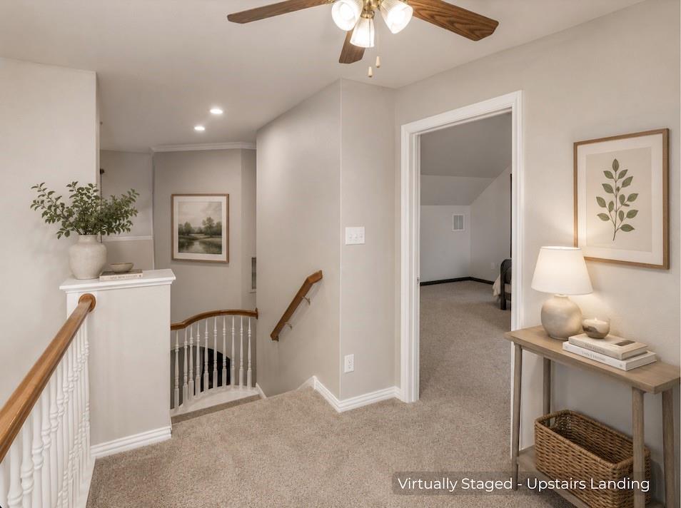 15 Trail Ridge Drive Melissa, TX 75454 - Photo 25 of 38 Carpeted upstairs landing with a wood-finish ceiling fan, recessed lighting, and a doorway opening to an additional carpeted room