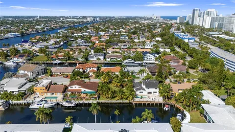 an aerial view of city and lake