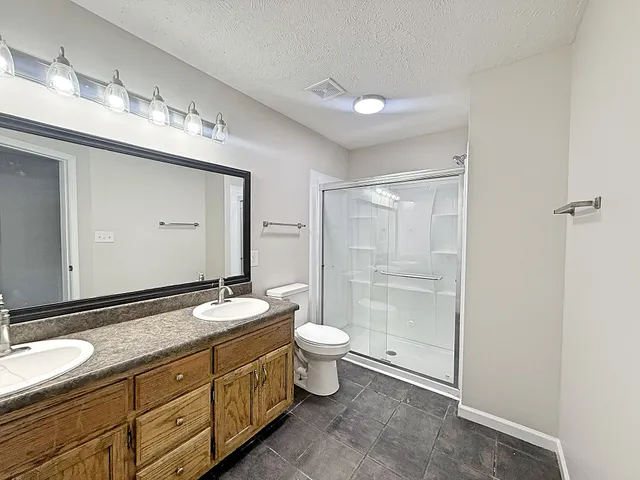 a bathroom with a double vanity sink toilet and a mirror