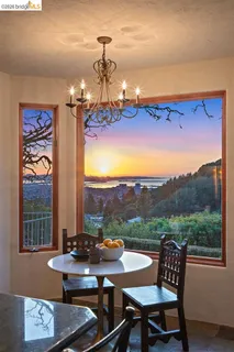 a view of a dining room with furniture wooden floor and chandelier