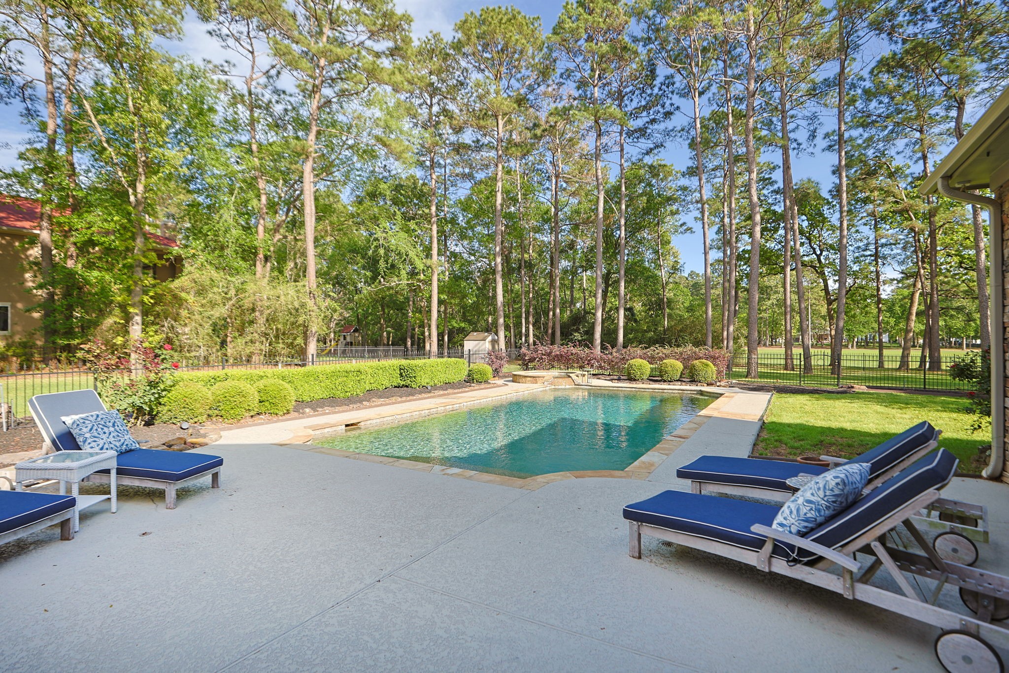 38223 Windy Ridge Trail Magnolia, TX 77355 - Photo 37 of 48 This photo showcases a serene backyard with a clear blue swimming pool, surrounded by lush greenery and tall trees. Perfect for relaxation and outdoor enjoyment.
