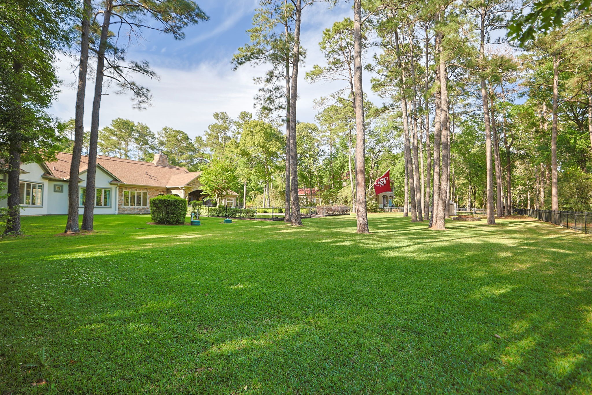 38223 Windy Ridge Trail Magnolia, TX 77355 - Photo 41 of 48 Spacious yard with lush green grass and tall trees, offering a serene setting. The house features large windows and a charming exterior, perfect for enjoying nature and privacy.