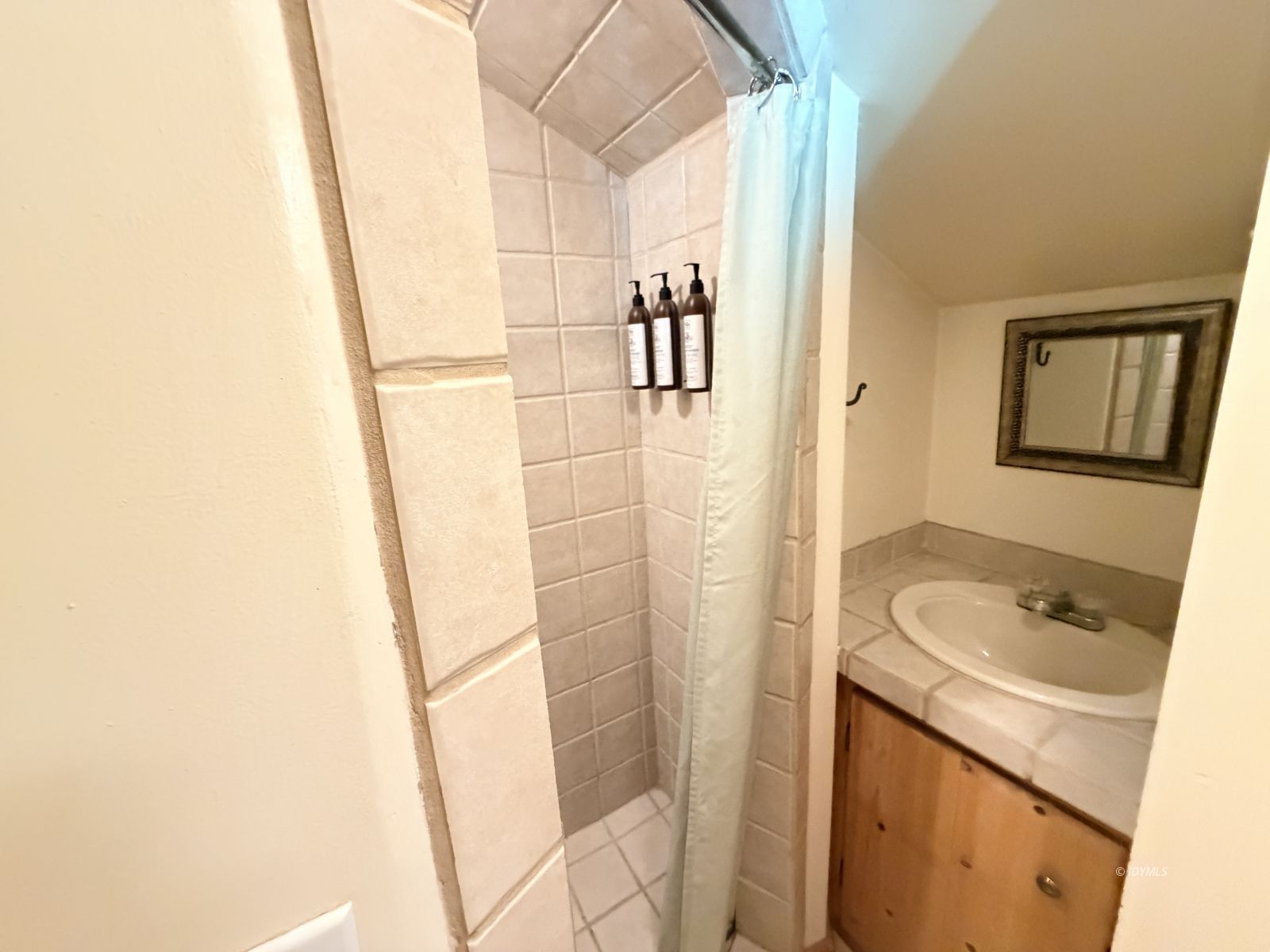 54059 Montgomery Idyllwild, CA 92549 - Photo 17 of 24 a bathroom with a sink a mirror and shower