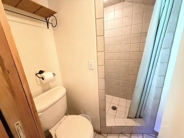 a bathroom with a toilet and a shower