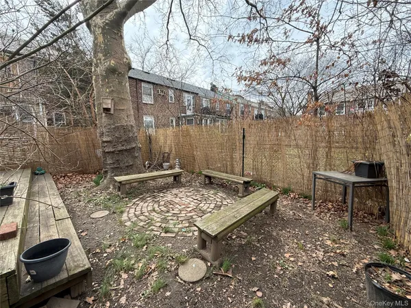 a backyard of a house with table and chairs