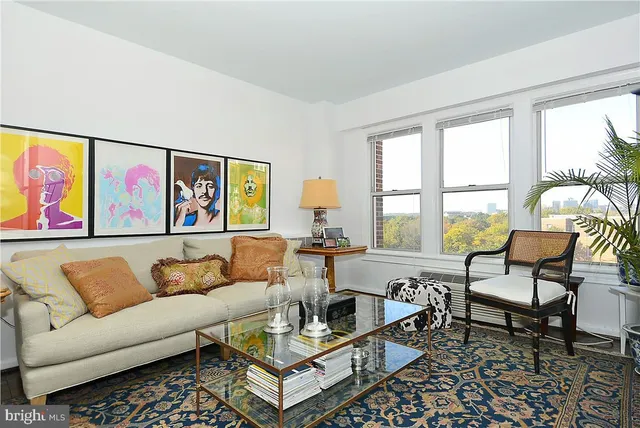 a living room with furniture a rug and a large window