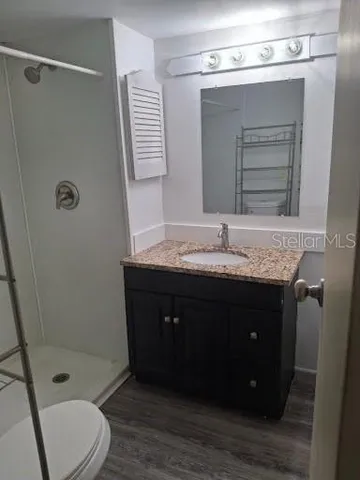 a bathroom with a sink a toilet and shower