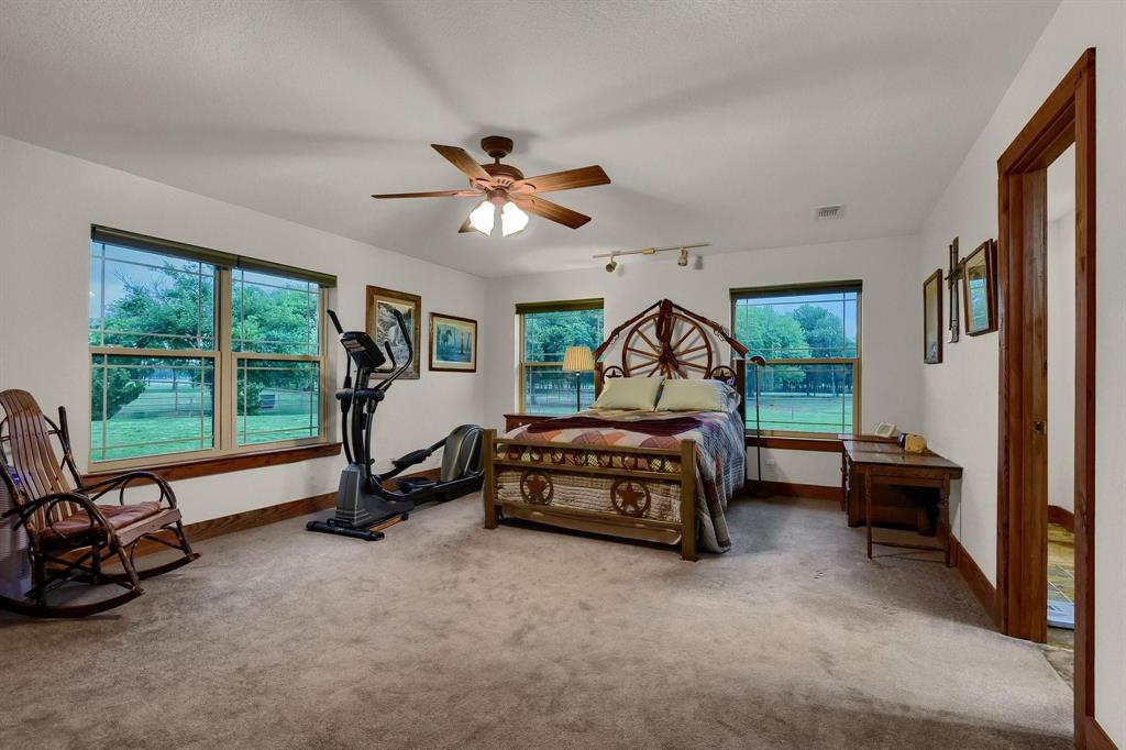 10898 Friendship Road Pilot Point, TX 76258 - Photo 21 of 24 Carpeted bedroom featuring ceiling fan and rail lighting