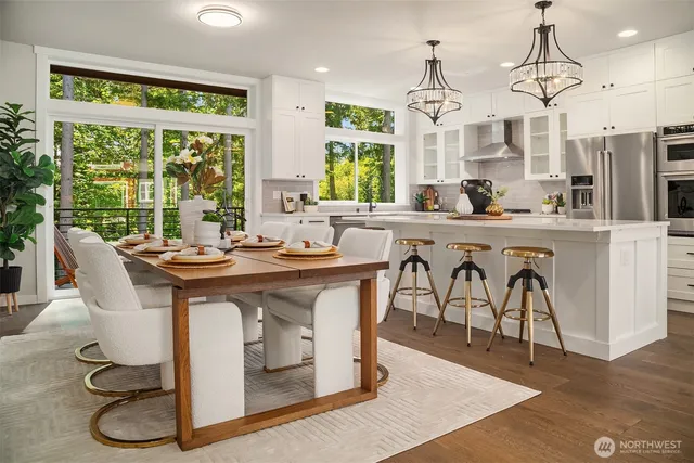 a view of a dining room with furniture window and outside view