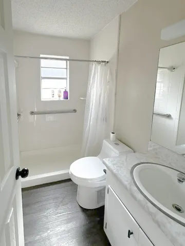 a bathroom with a sink toilet and shower