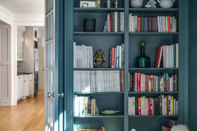 a view of a book shelf with a book shelf