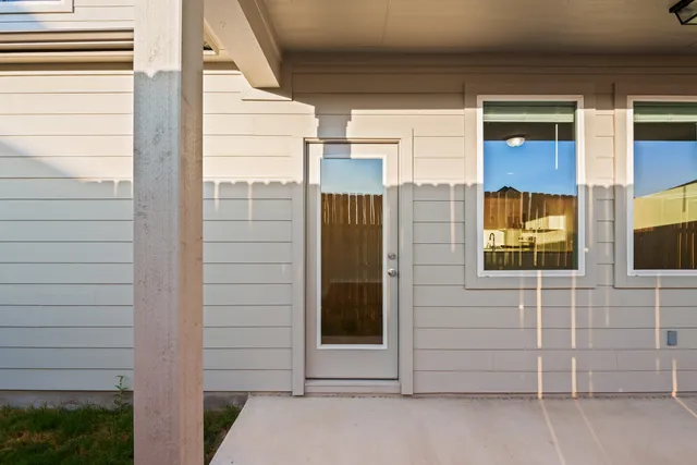a backyard of a house with plants and a tree