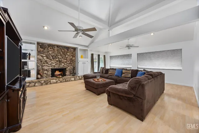 a living room with a fireplace