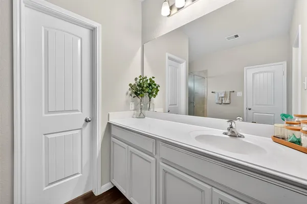 a bathroom with a sink and a mirror