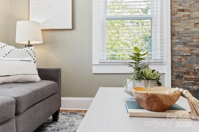 a living room with furniture and a potted plant