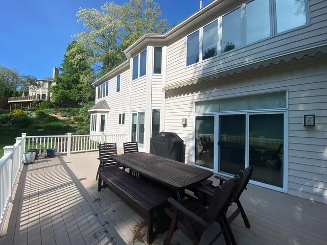 a view of a patio on wooden deck