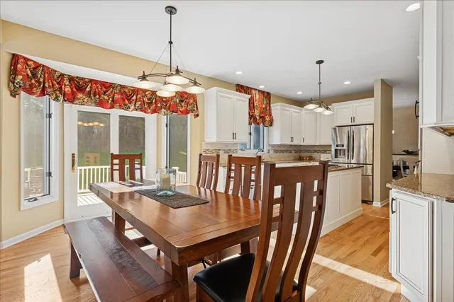 a view of a dining room with furniture