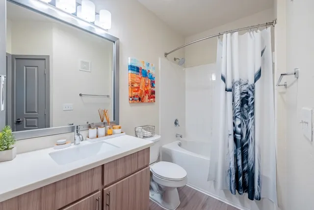 a bathroom with a sink toilet and shower