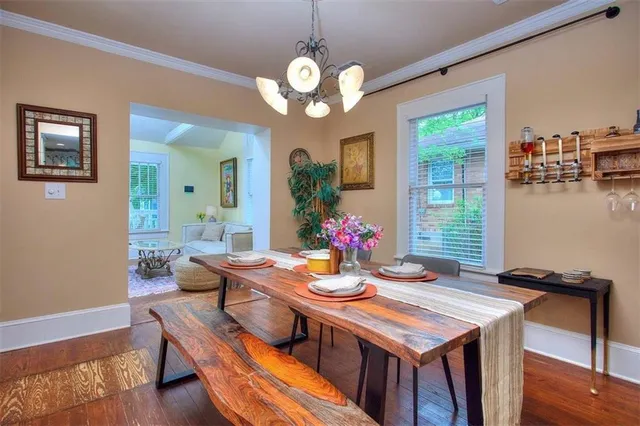 a view of a dining room furniture and wooden floor