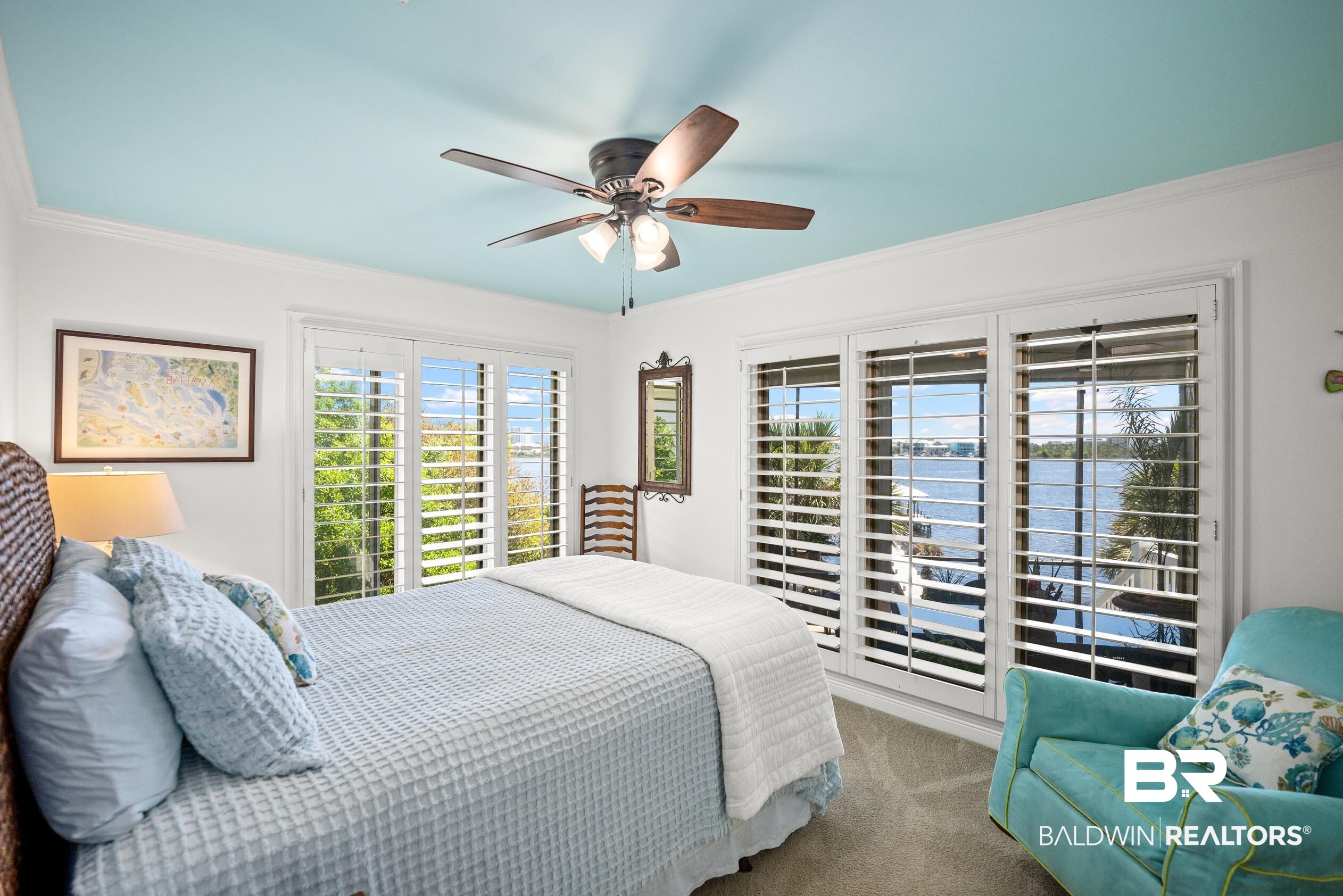 31304 River Road Orange Beach, AL 36561 - Photo 35 of 78 Bedroom with carpet, access to outside, crown molding, and a ceiling fan