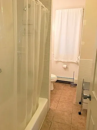a bathroom with a shower and a toilet