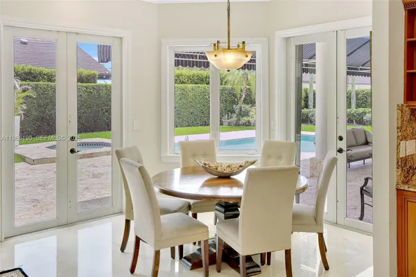 a view of a dining room with furniture window and outside view