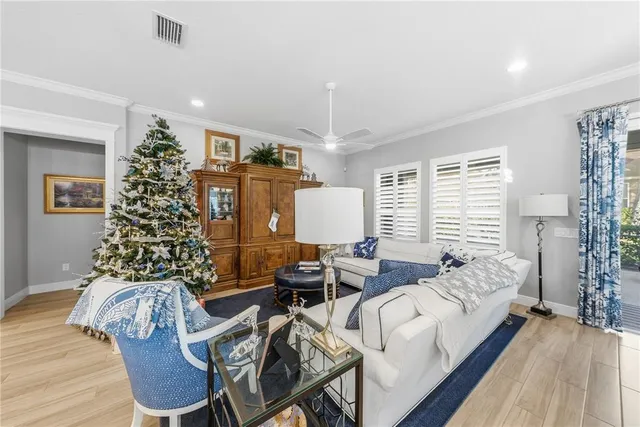 a living room with furniture and a potted plant