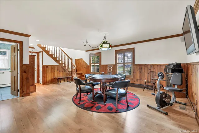 a view of a dining room with furniture