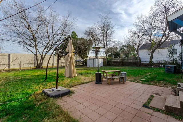 a garden view with a seating space