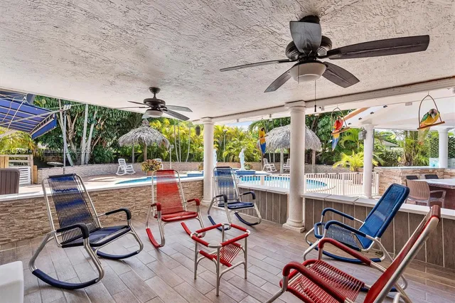a view of a patio with a dining table and chairs