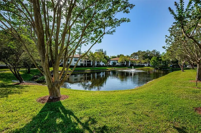 a view of a lake with a house swimming pool and outdoor space