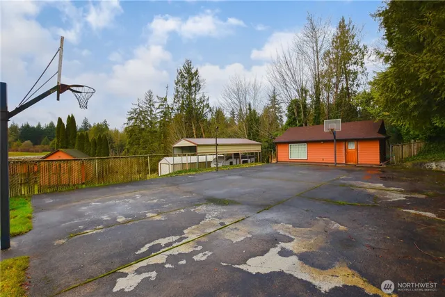 a view of a street with a large trees