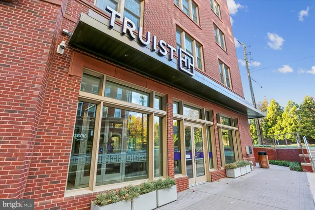 a view of a building with a large window