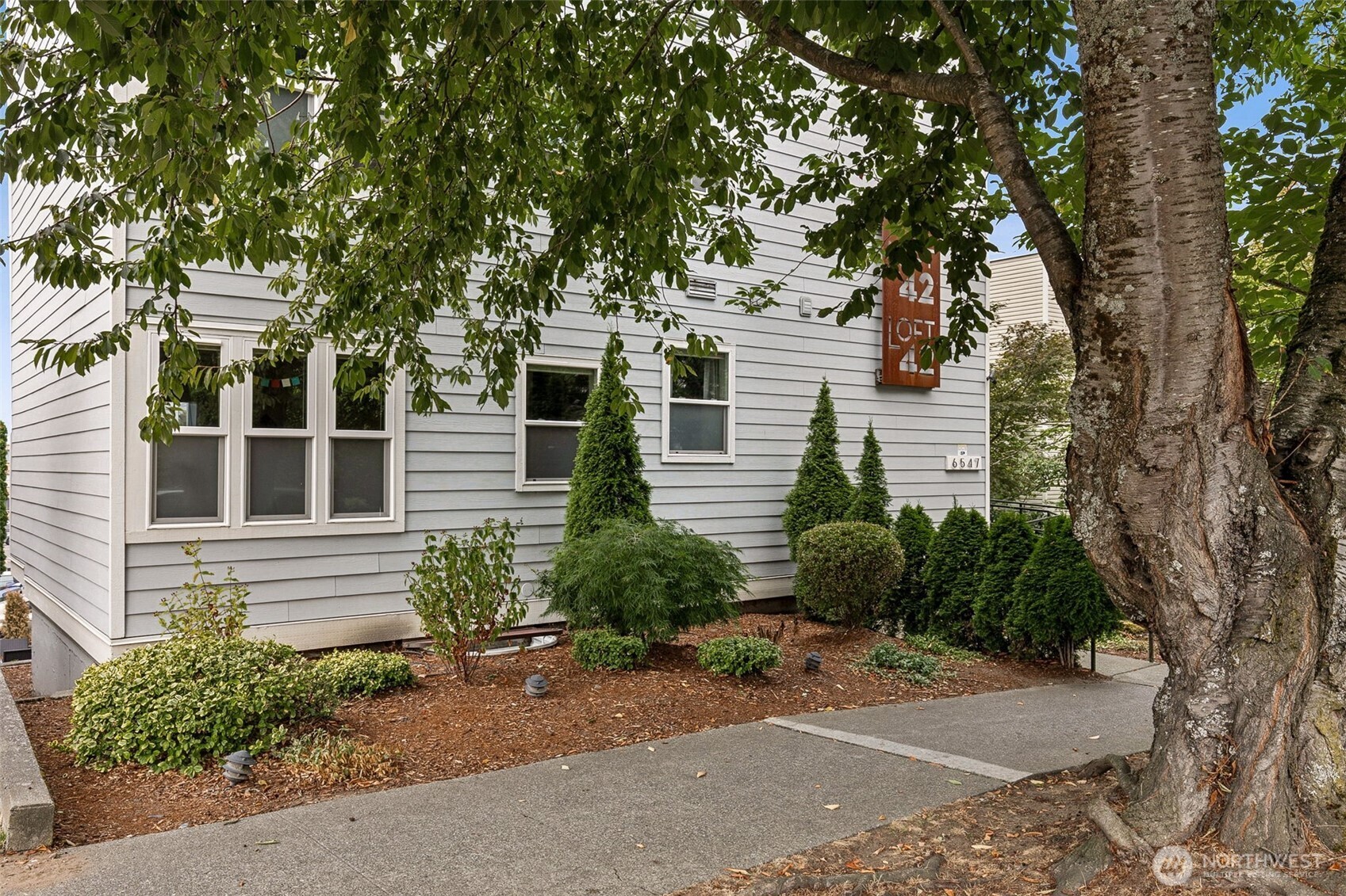6547 42nd Avenue Southwest, Unit 205 Seattle, WA 98136 - Photo 17 of 18 a front view of a house with a yard and tree s
