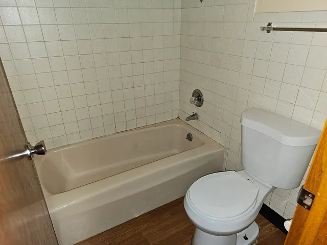 a white toilet sitting next to a bath tub