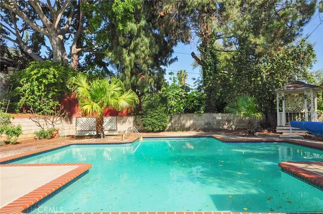 a view of a park with plants and large trees