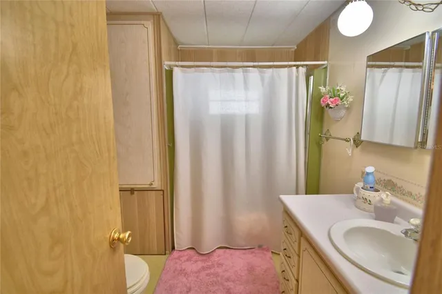 a bathroom with a sink a toilet and shower curtain
