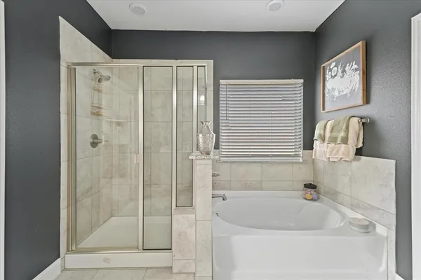 a bathroom with a bathtub and a shower