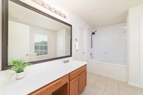 a bathroom with a tub sink and mirror