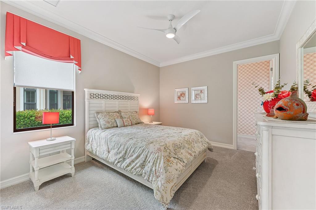 11974 Maidstone Court Naples, FL 34120 - Photo 26 of 45 Bedroom featuring carpet floors, ornamental molding, and a ceiling fan