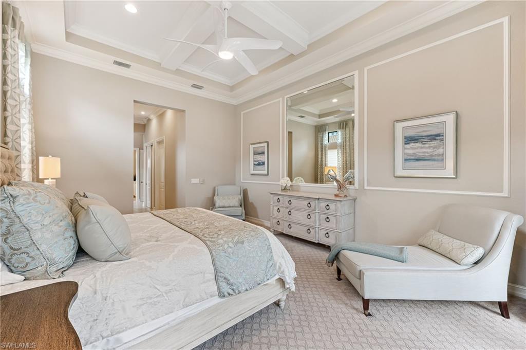 11974 Maidstone Court Naples, FL 34120 - Photo 35 of 45 Carpeted bedroom featuring crown molding, coffered ceiling, beam ceiling, recessed lighting, and a ceiling fan