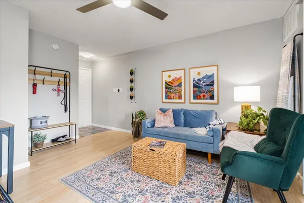 a living room with furniture and a rug