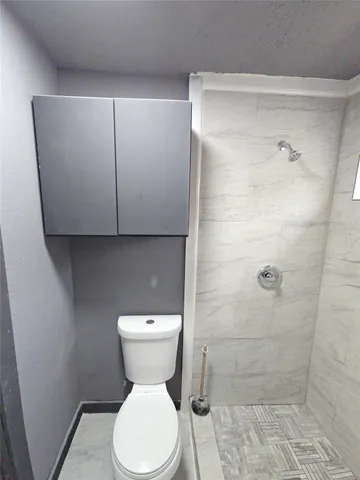 a bathroom with a toilet and a shower